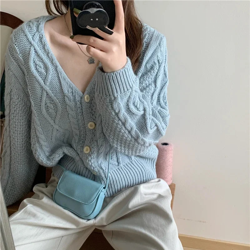 Women V-neck Metal Button Cardigan