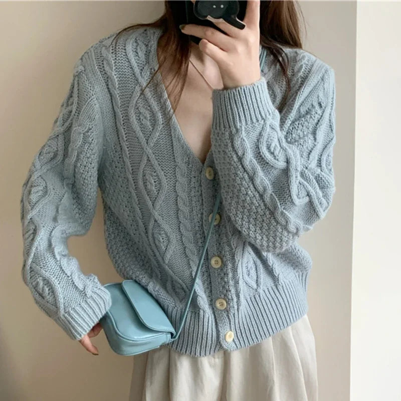 Women V-neck Metal Button Cardigan
