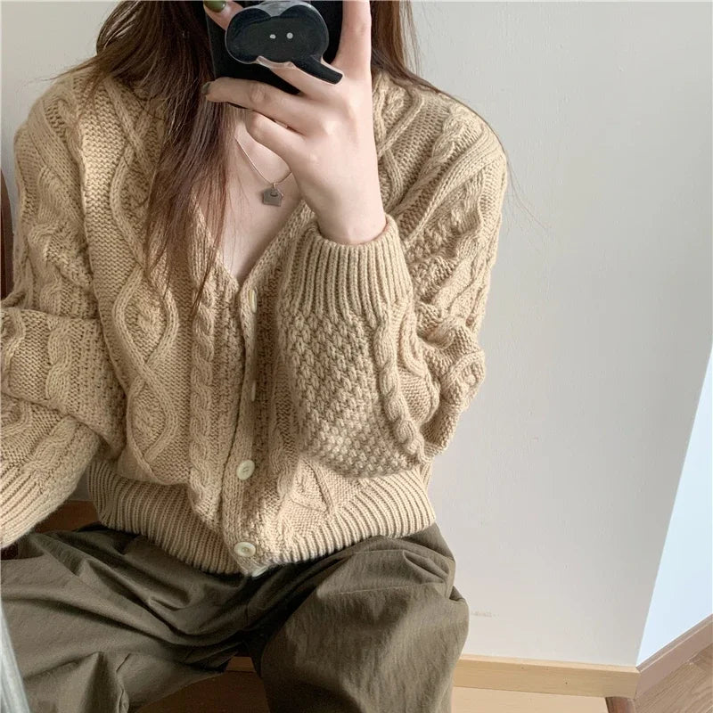 Women V-neck Metal Button Cardigan