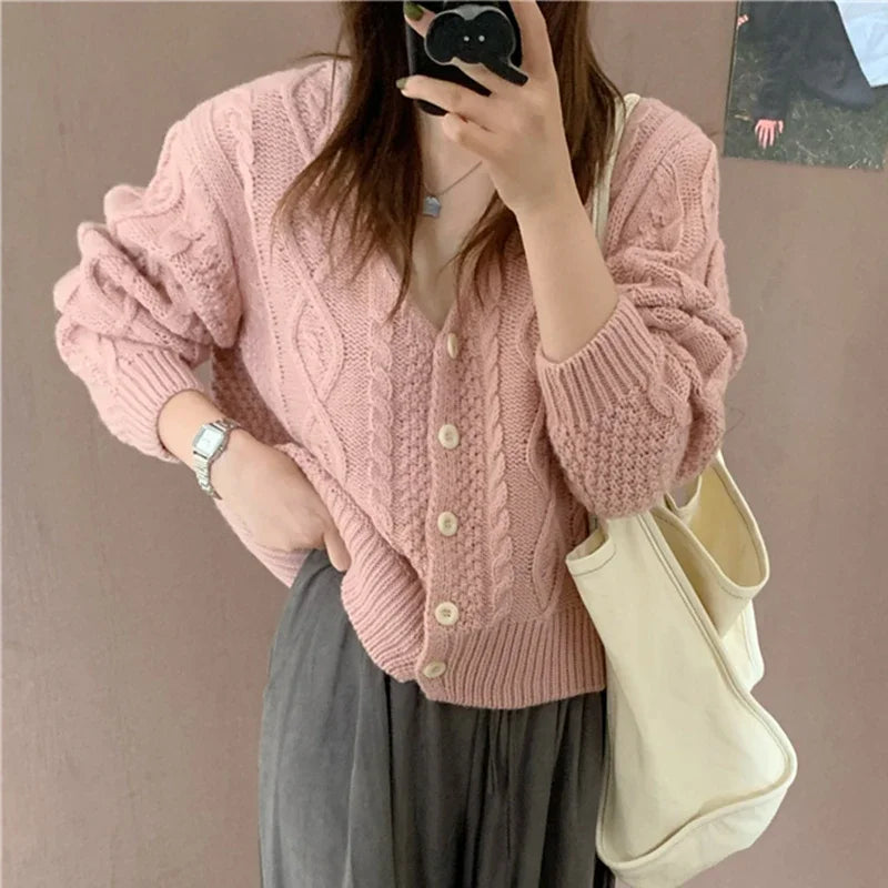 Women V-neck Metal Button Cardigan