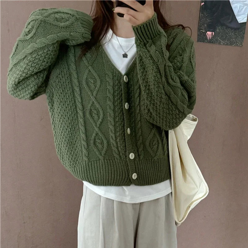 Women V-neck Metal Button Cardigan