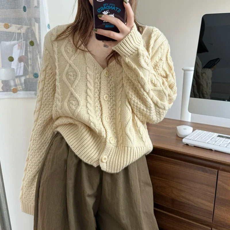 Women V-neck Metal Button Cardigan