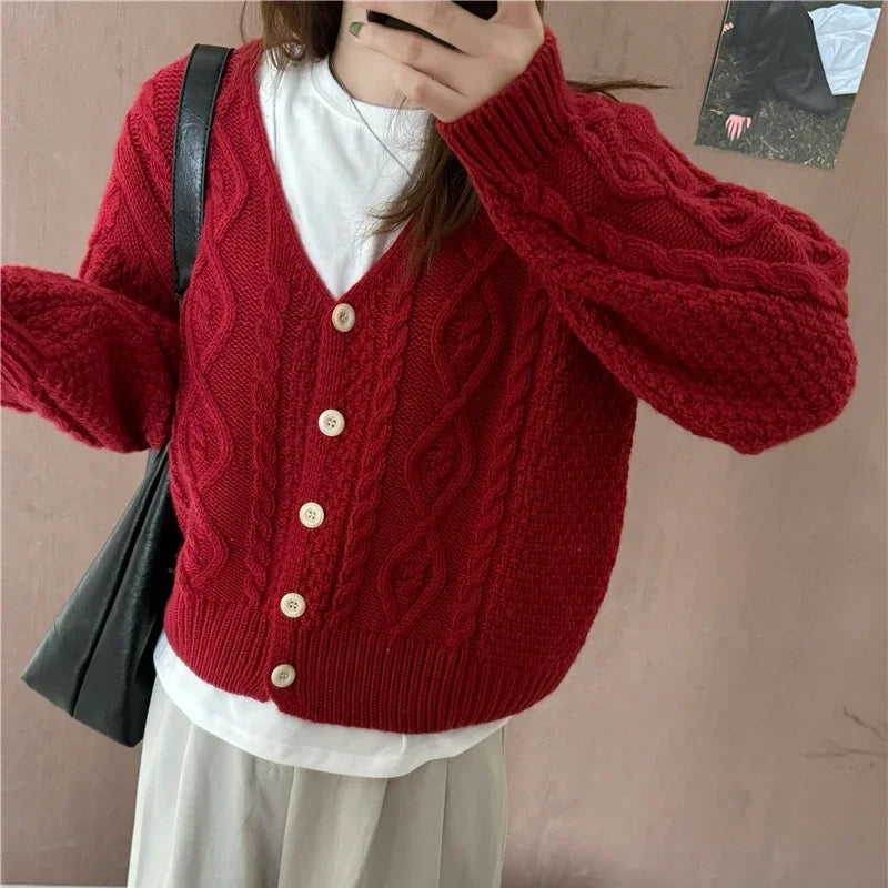 Women V-neck Metal Button Cardigan