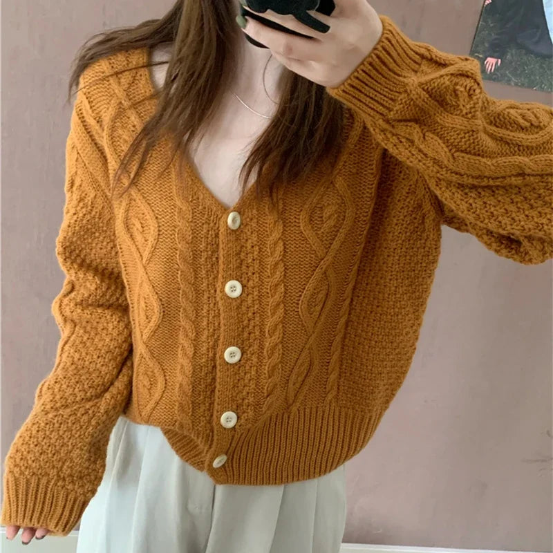 Women V-neck Metal Button Cardigan