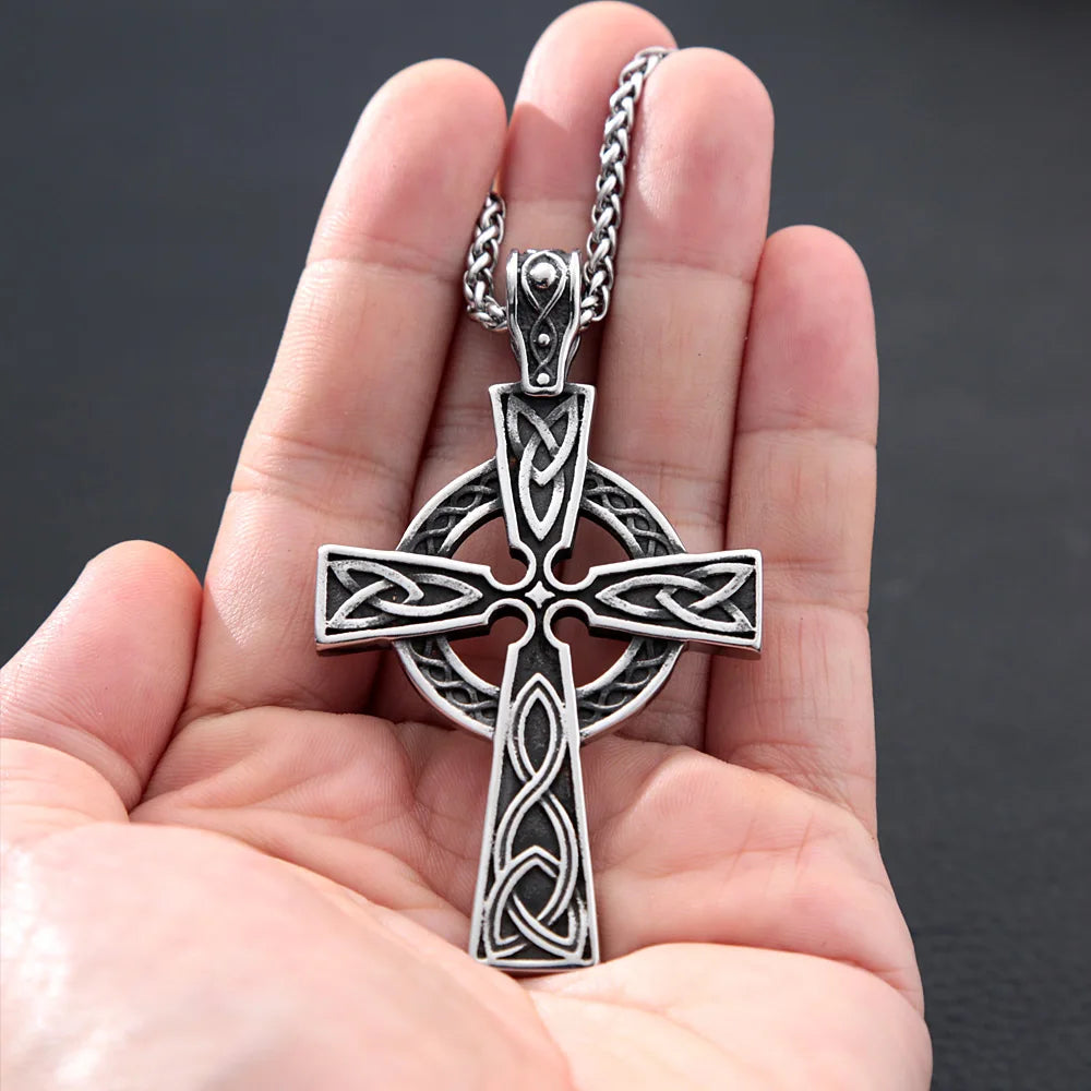 Mens Irish Celtic Knot Cross Pendant Necklace Stainless Steel Nordic Viking Necklace Ancient Talisman Pendant Jewelry Gift