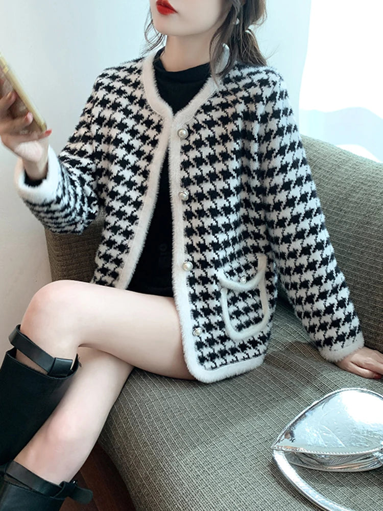 Chic Vintage Houndstooth Knitted Cardigans
