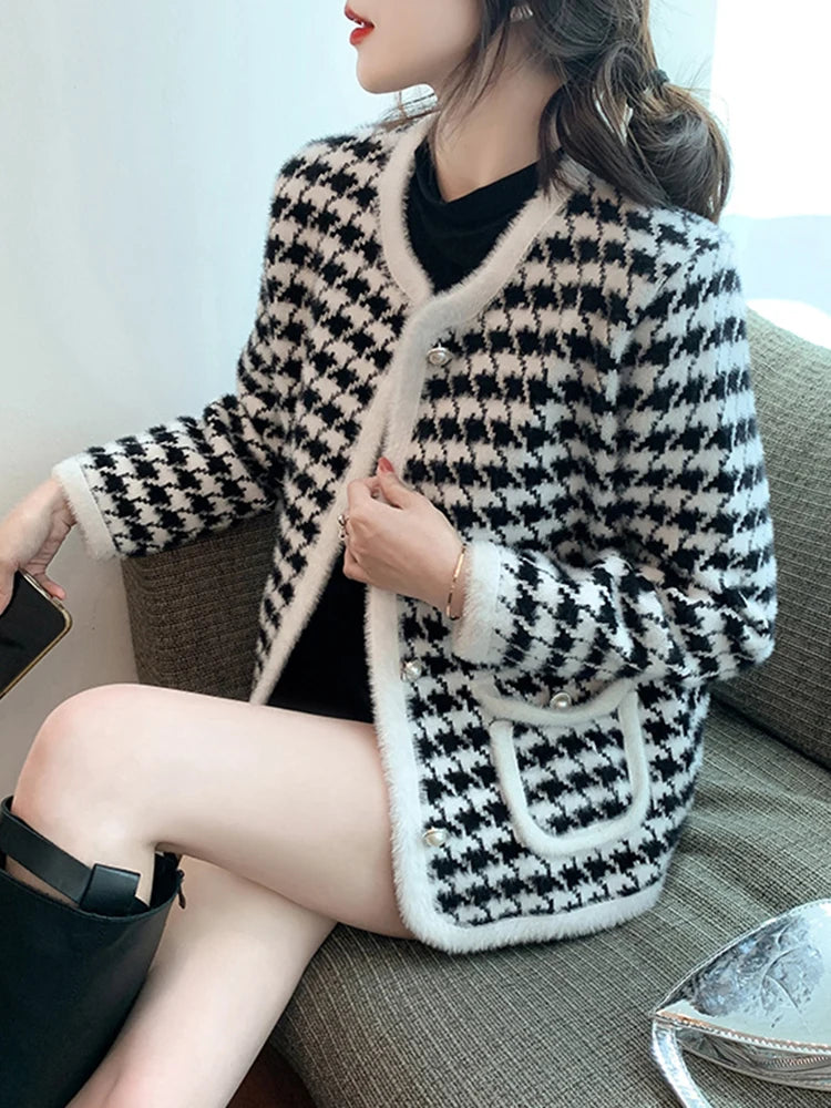 Chic Vintage Houndstooth Knitted Cardigans