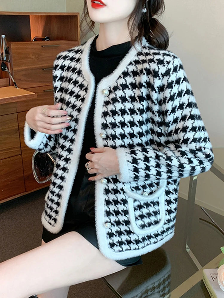 Chic Vintage Houndstooth Knitted Cardigans