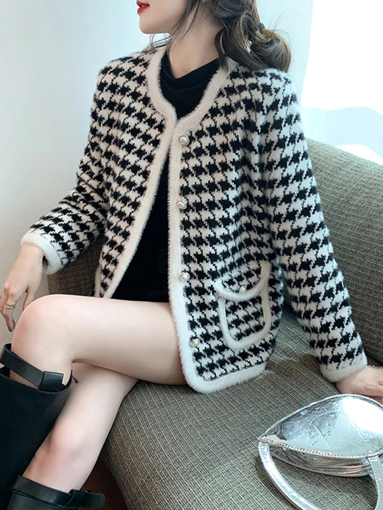 Chic Vintage Houndstooth Knitted Cardigans