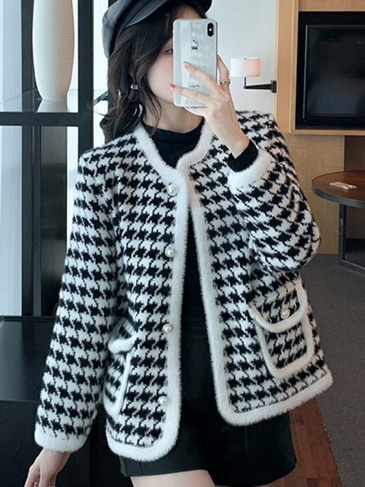 Chic Vintage Houndstooth Knitted Cardigans