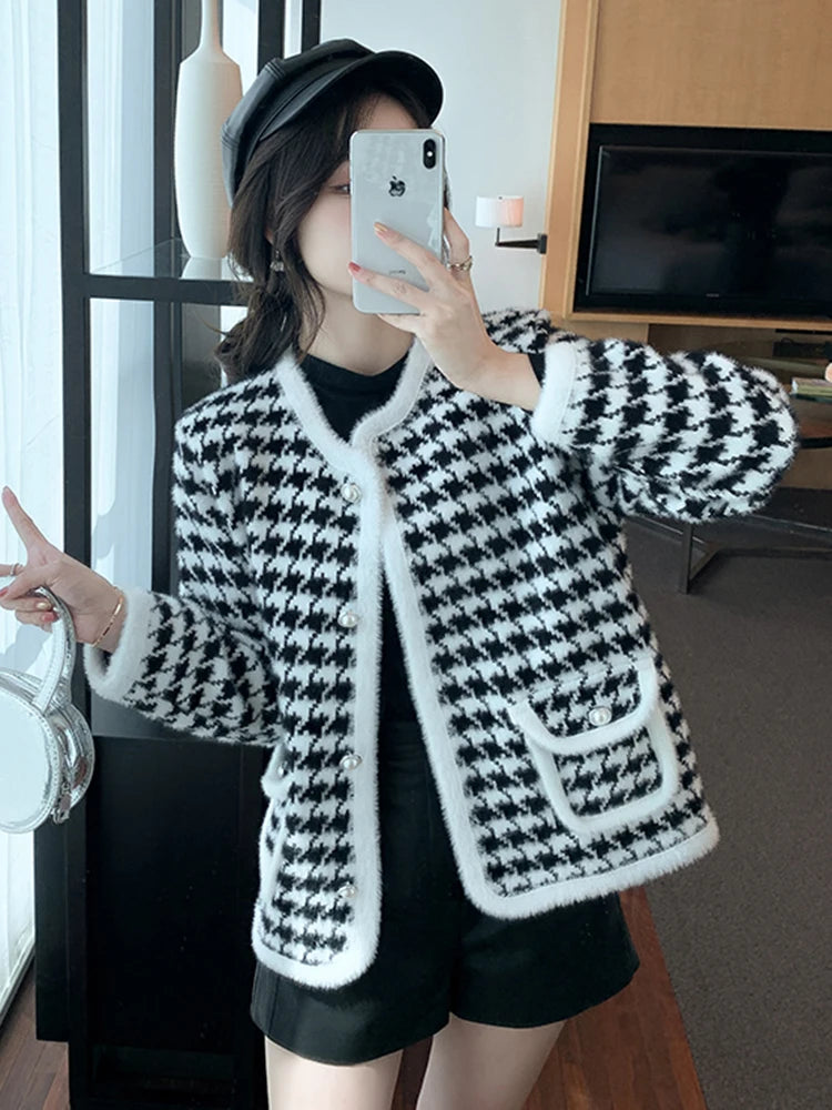 Chic Vintage Houndstooth Knitted Cardigans